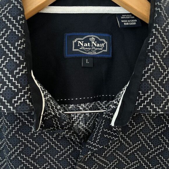 Nat Nast Silk Blend Navy Patterned Short Sleeve Button Up Shirt Mens Size L - Picture 5 of 8